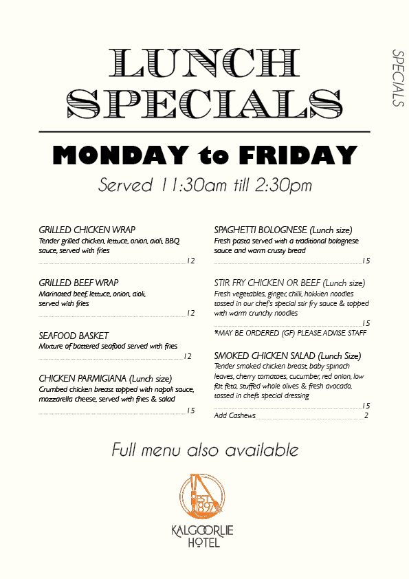 Kalgoorlie Hotel menu, prices and opening hours - Hungry in Kal